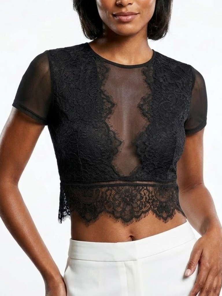 Express Whimsigoth Lace Mesh Zip Crop Top M